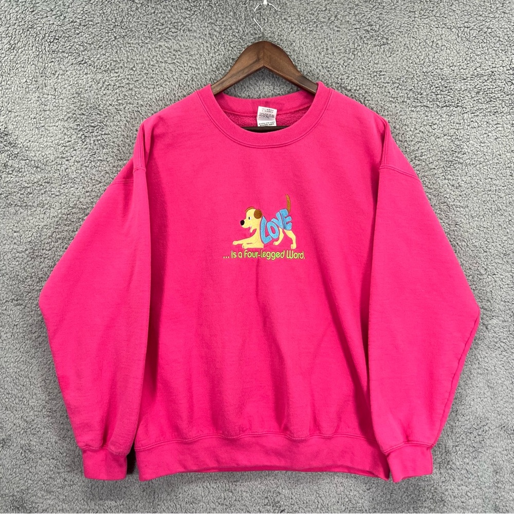 Gildan Love is a Four-Legged Word Dog Sweatshirt Cute Pink Size Large